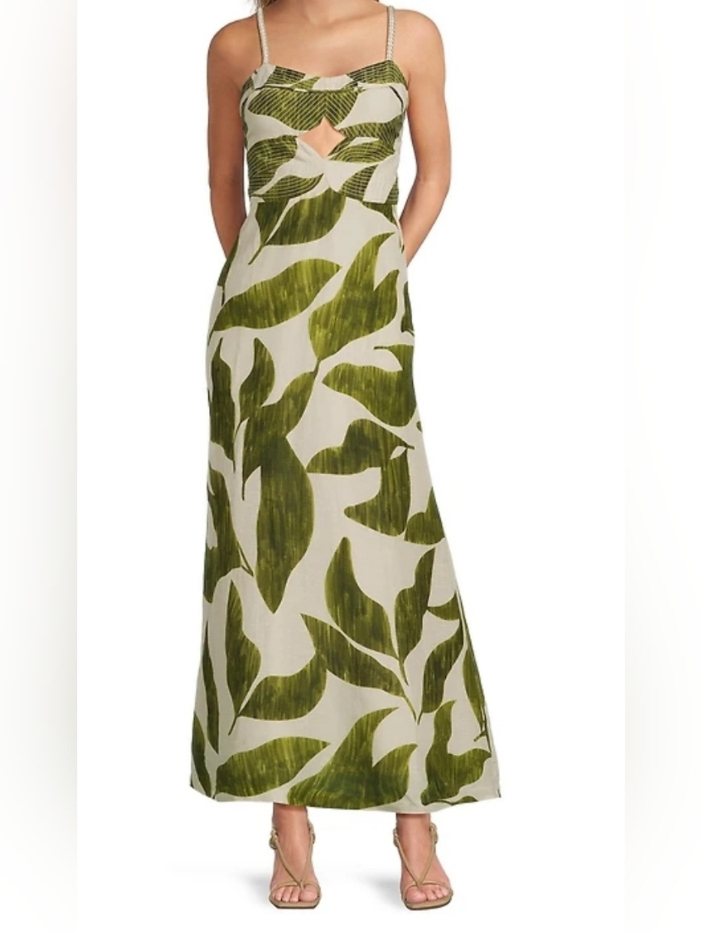 ANTONIO MELANI Olive Green and Cream Leaf-Print Maxi Dress
